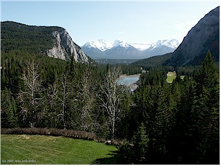 [ view from the fairmont springs hotel terrace into bow river valley ]