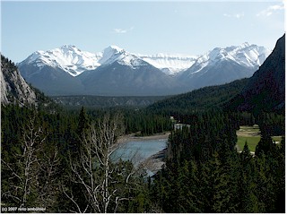 [ view from the fairmont springs hotel terrace into bow river valley (closeup) ]