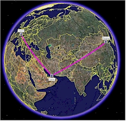route zürich - dubai - beijing on Google Earth