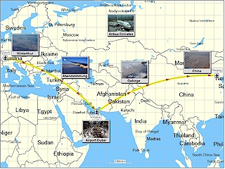 map with route zrich - dubai - beijing